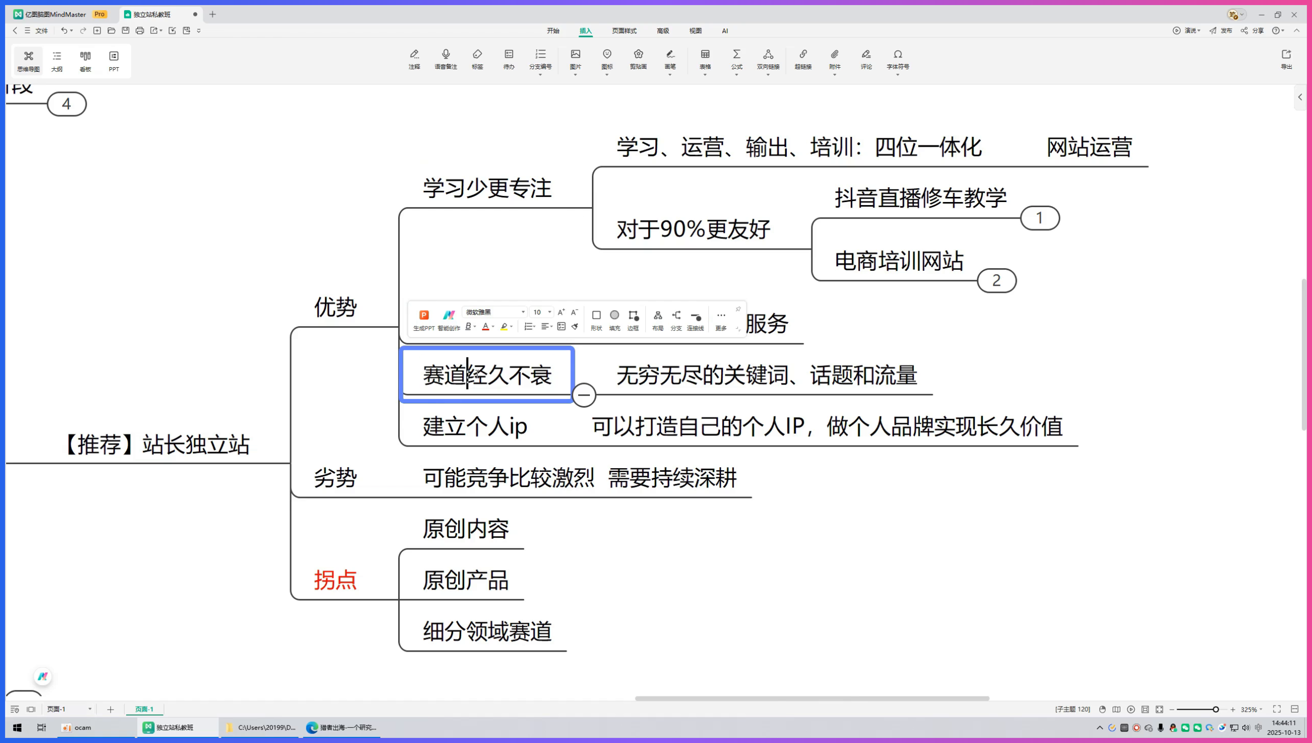 新手个人网站怎么确定细分方向?从关键词和需求开始筛选插图1 课程中展示个人网站细分赛道和长期内容方向的思维导图